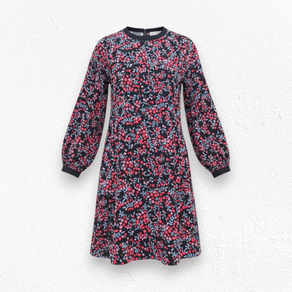 LOFT Black Floral Berry Print Velvet Collar Retro Knee Length Dress Size Small